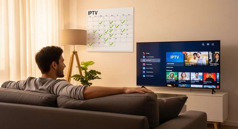 Reliable IPTV subscription with no catches — customer streaming live TV on a smart TV in their living room